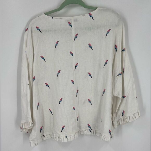 C&C California Cream Boxy Ruffled Linen Blend Parakeet Print Blouse size L - Picture 4 of 4